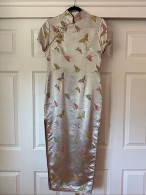 Silk Butterfly Embroidered Maxi Dress - Light Silver